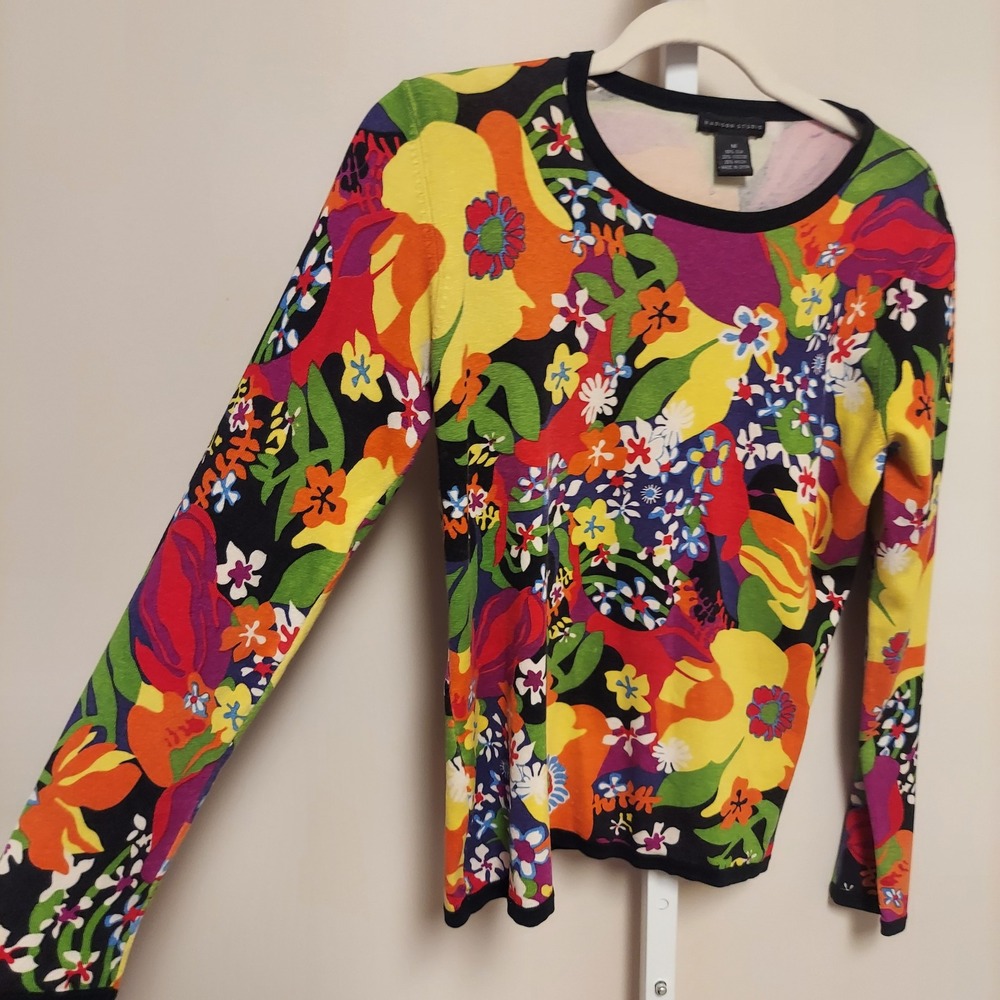 Madison Studio Womens Silk Blend Floral Psychedelic Long Sleeve Knit Top Multi M
